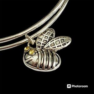 Silver Bumble Bee Charm Bracelet Bangle Adjustable Yellow Crystal Rhodium Plated